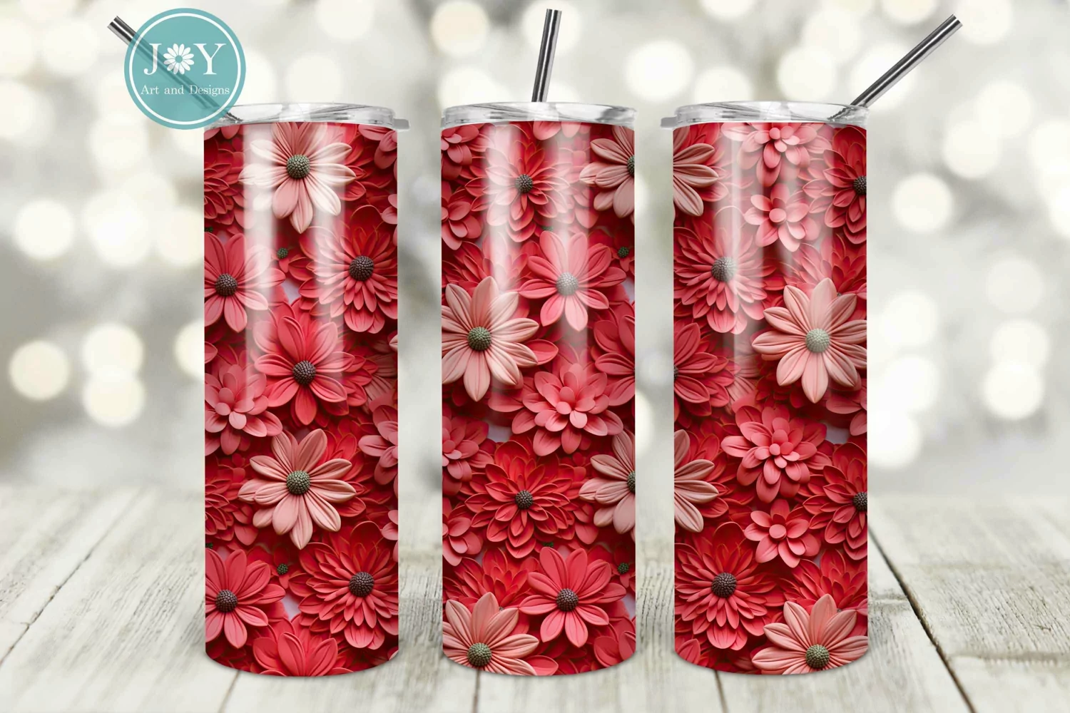 3D RED FLOWERS 20oz SKINNY TUMBLER WRAP SUBLIMATION DESIGN product image 1