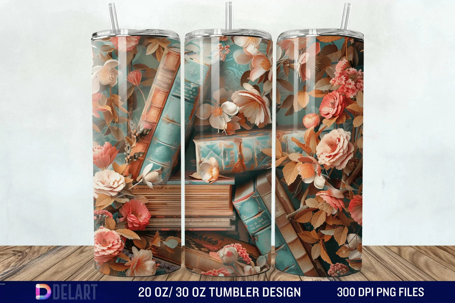 3D Vintage Books Flowers Tumbler Wrap product image 1