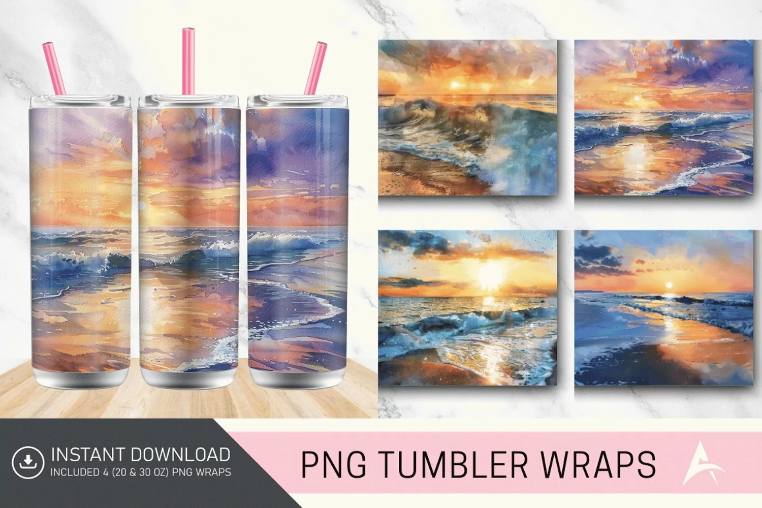 3D Watercolor Beach Sunrise Tumbler wrap product image 1