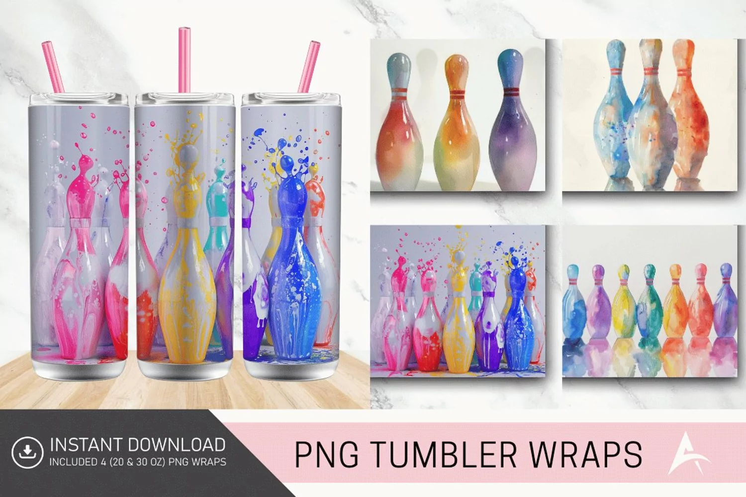 3D Watercolor Bowling Pins Tumbler Wrap product image 1