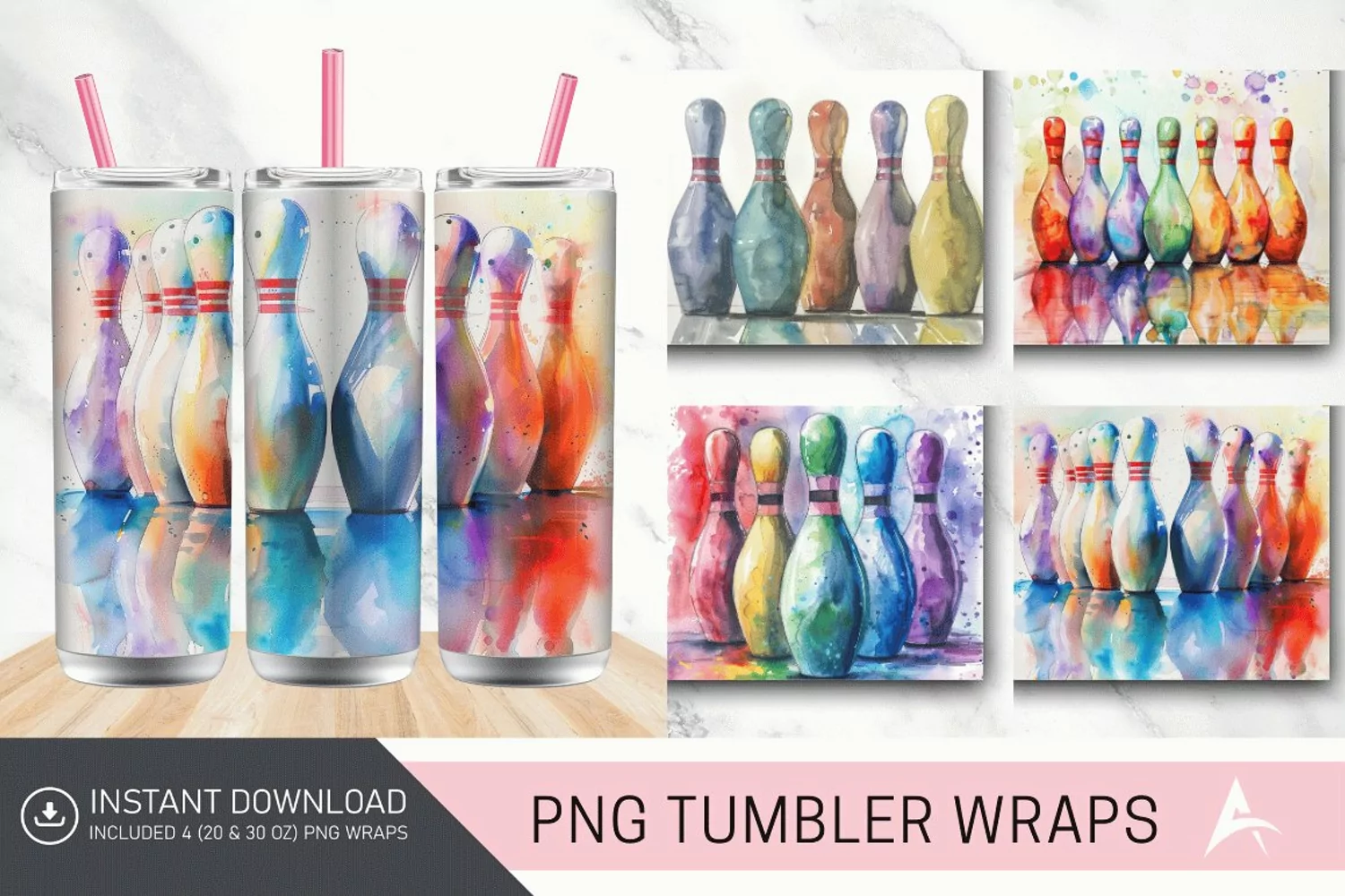 3D Watercolor Bowling Pins Tumbler Wrap product image 1