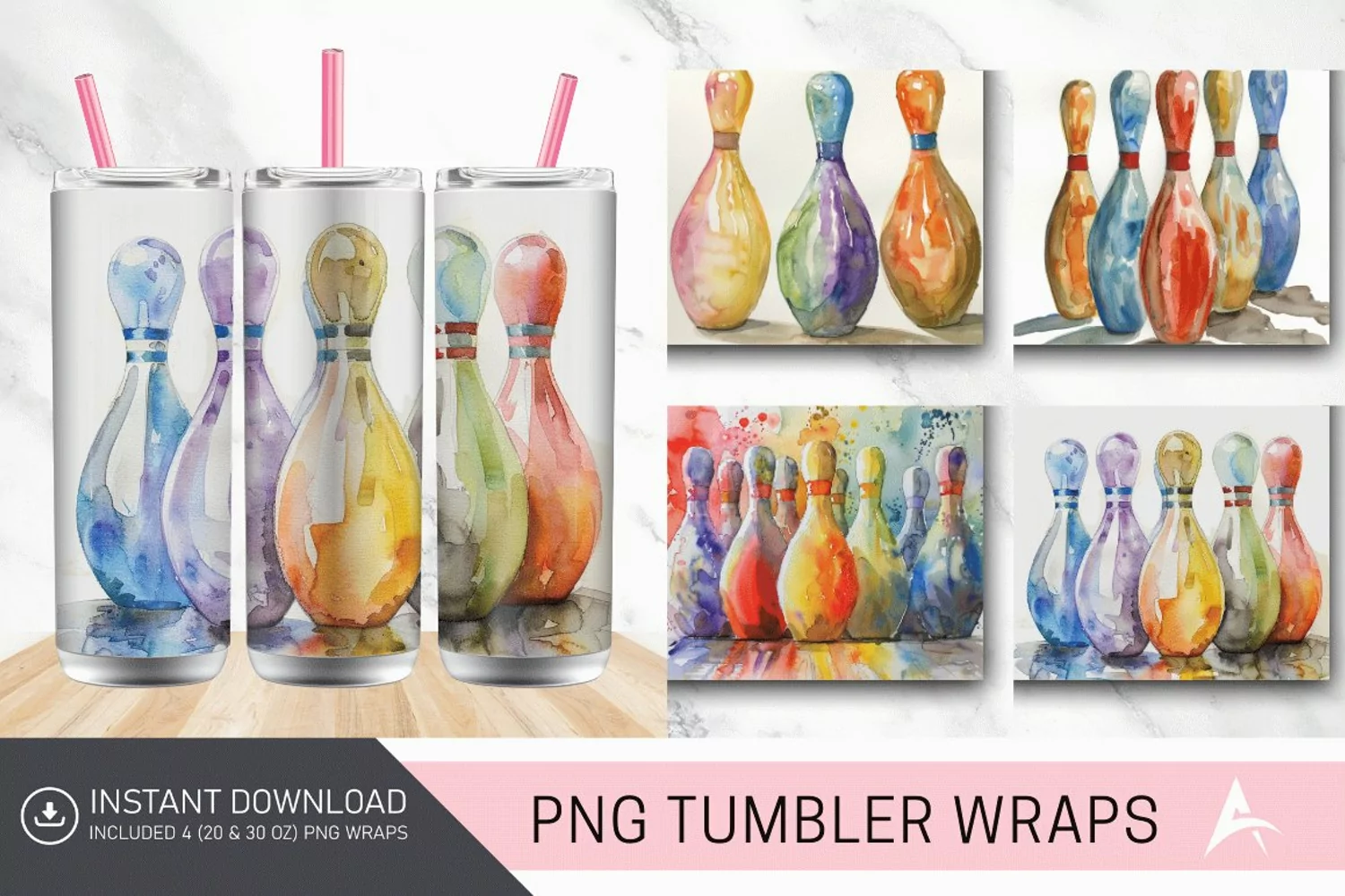 3D Watercolor Bowling Pins Tumbler Wrap product image 1