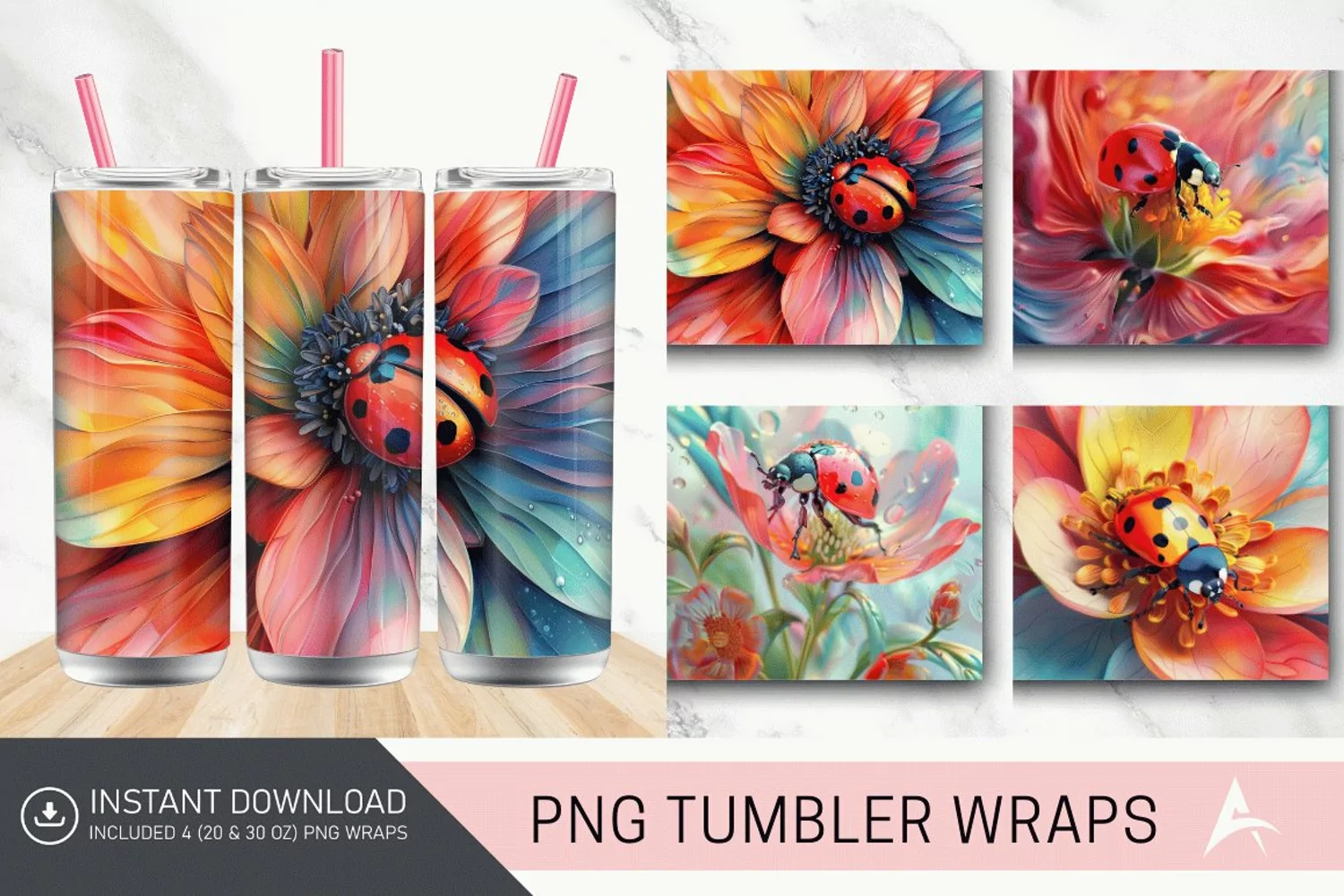 3D Watercolor Ladybug Flower Tumbler Wrap product image 1