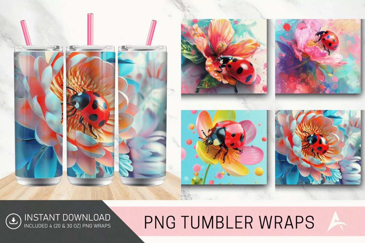 3D Watercolor Ladybug Flower Tumbler Wrap product image 1