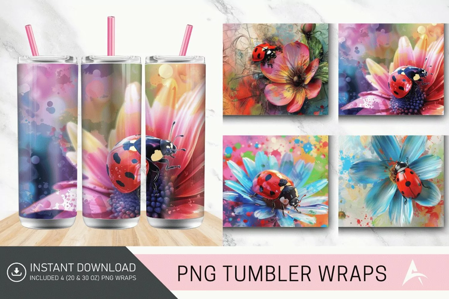 3D Watercolor Ladybug Flower Tumbler Wrap product image 1