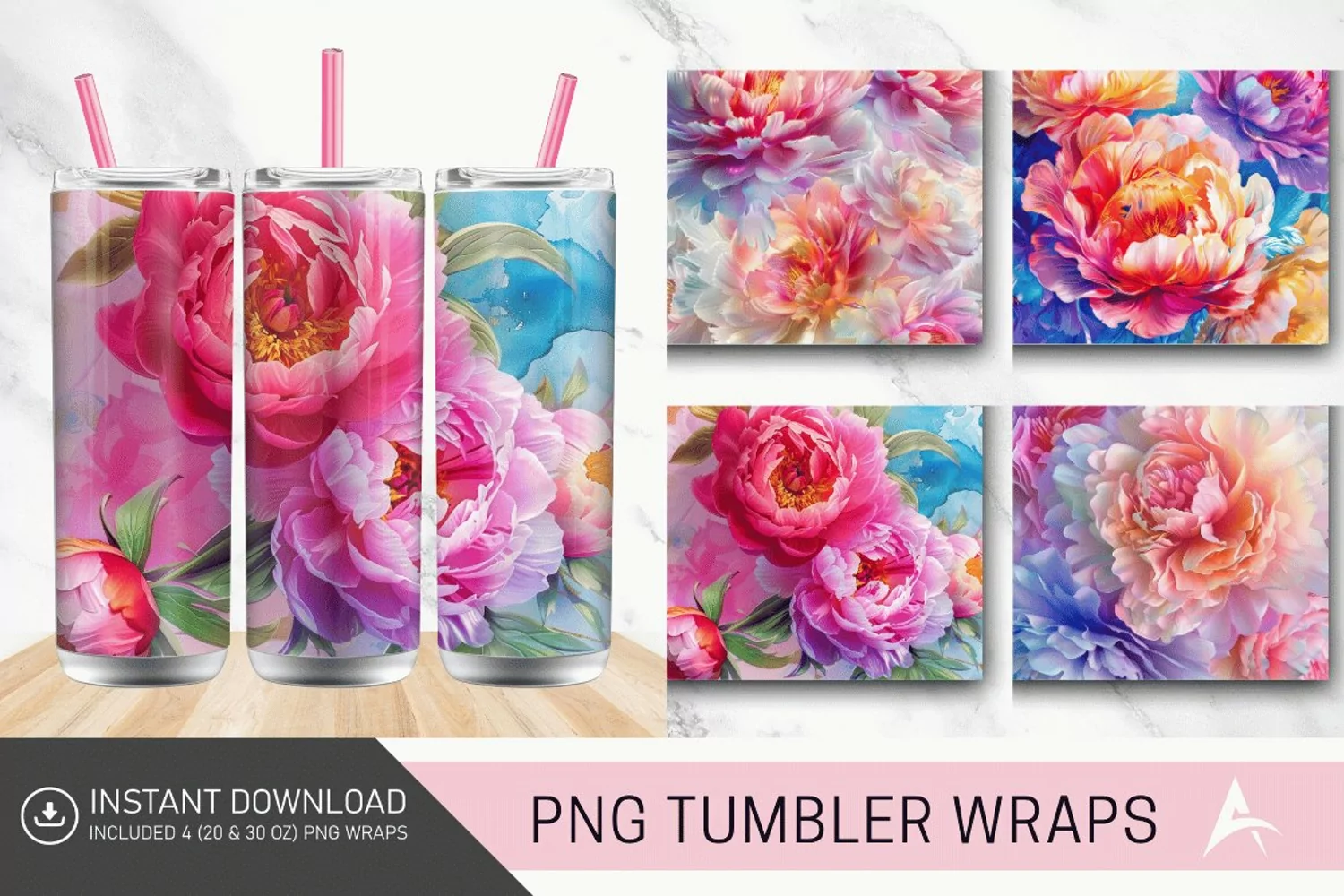 3D Watercolor Peonies Flower Tumbler wrap product image 1