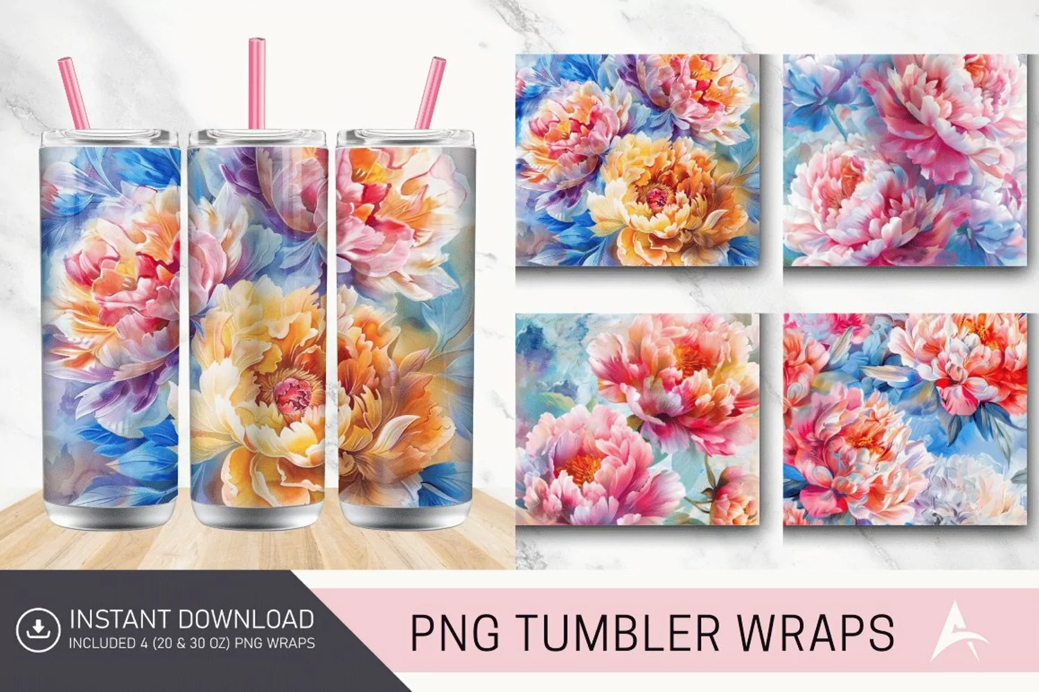 3D Watercolor Peonies Flower Tumbler wrap product image 1