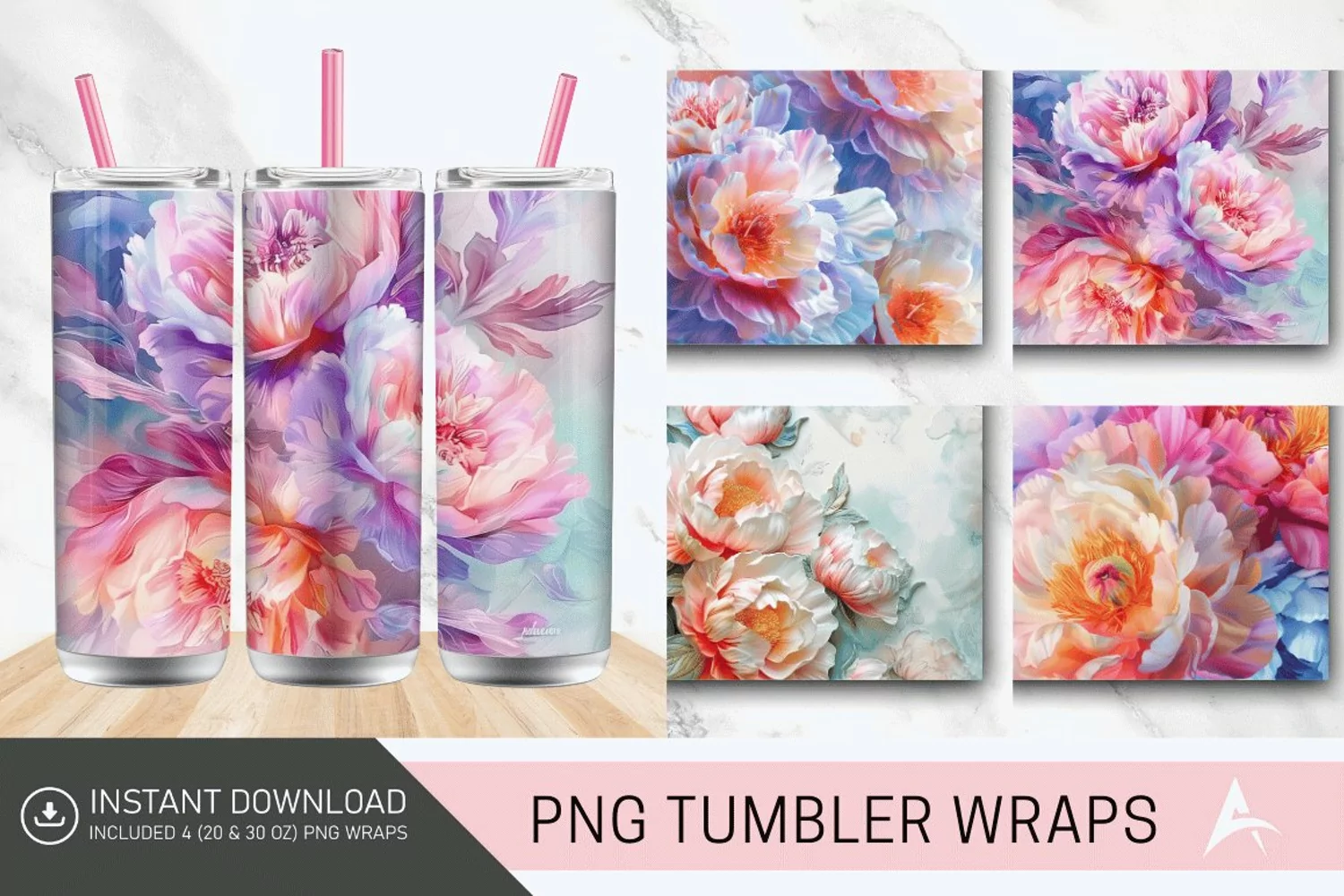 3D Watercolor Peonies Flower Tumbler wrap product image 1
