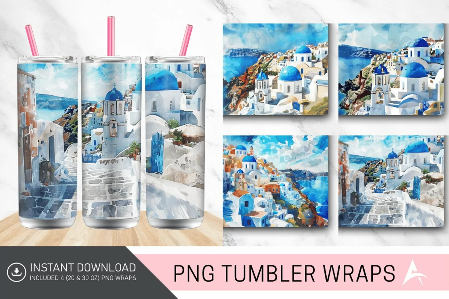 3D Watercolor Santorini Tumbler wrap product image 1