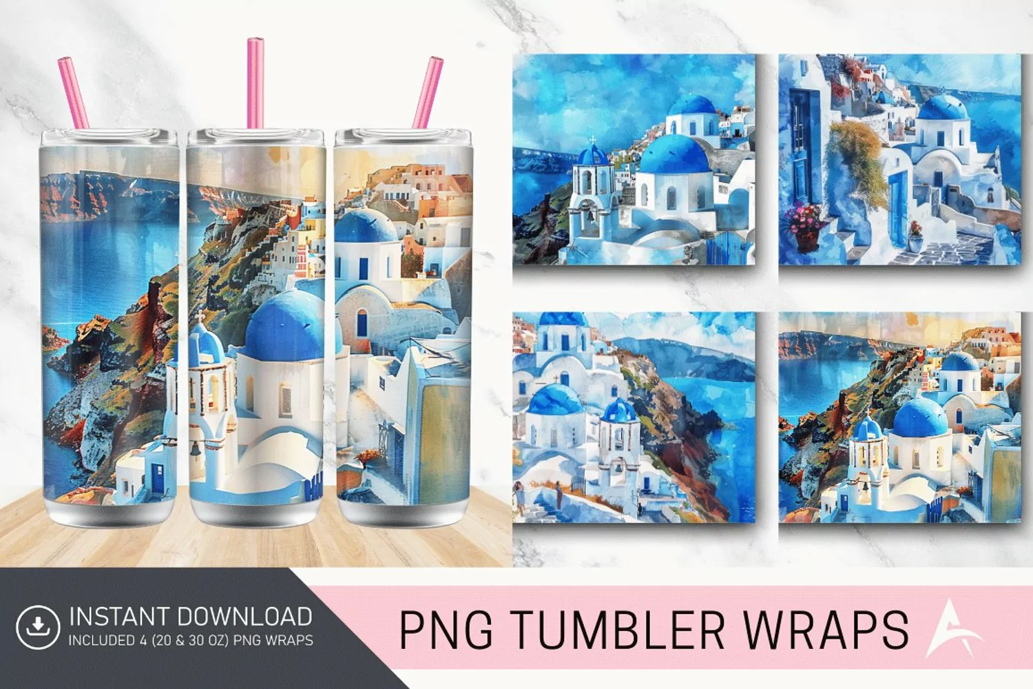 3D Watercolor Santorini Tumbler wrap product image 1