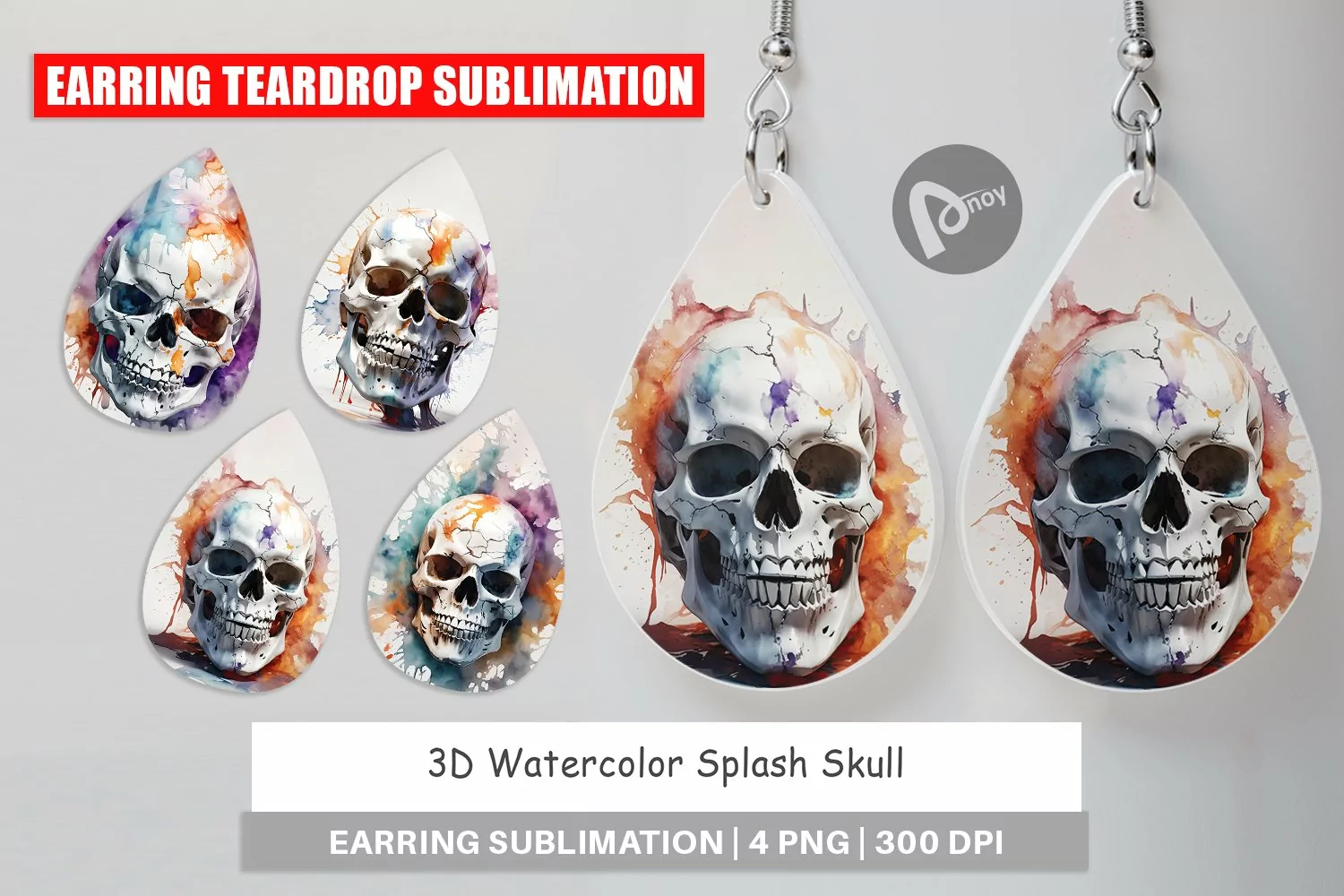 Earring Teardrop 3D Watercolor Splash Skull product image 1