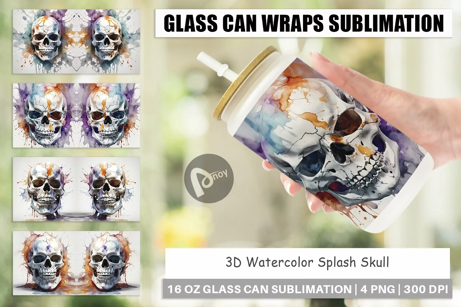 Glass Can Wraps 3D Watercolor Splash Skull product image 1