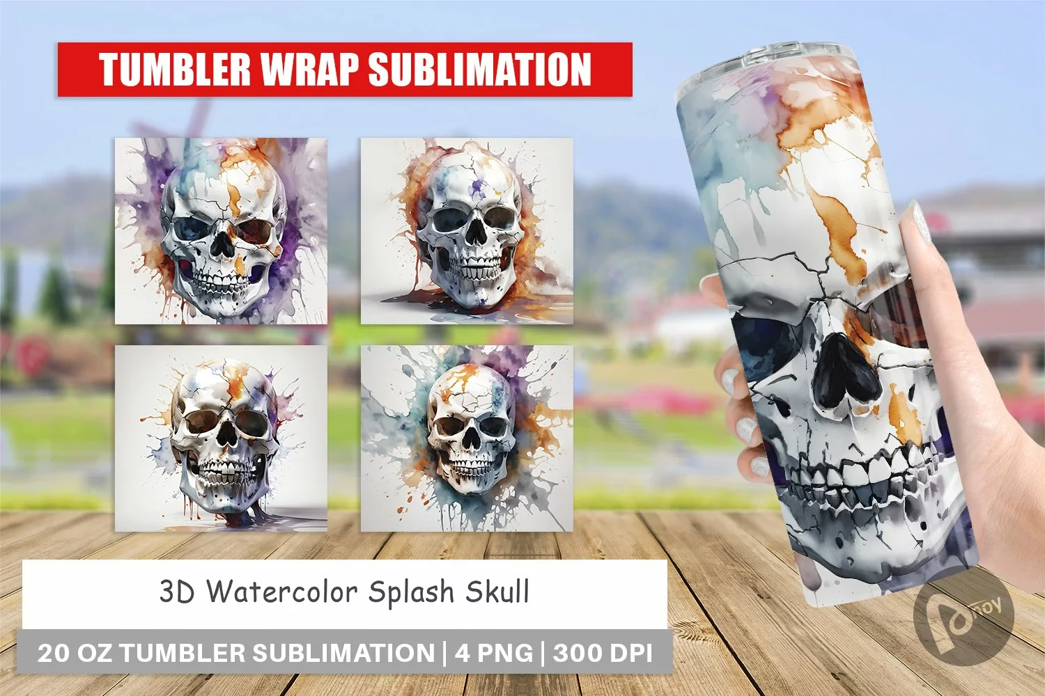 Tumbler Wrap 3D Watercolor Splash Skull product image 1