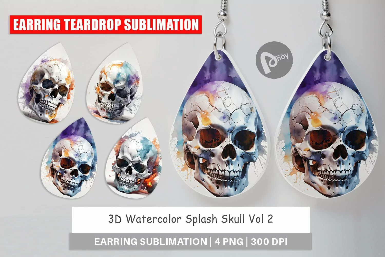 Earring Teardrop 3D Watercolor Splash Skull product image 1