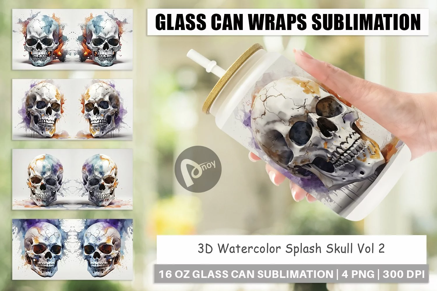 Glass Can Wraps 3D Watercolor Splash Skull product image 1