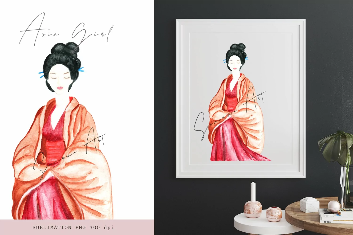 Asian Girl lWatercolor sublimation print.Poster PNG. product image 1