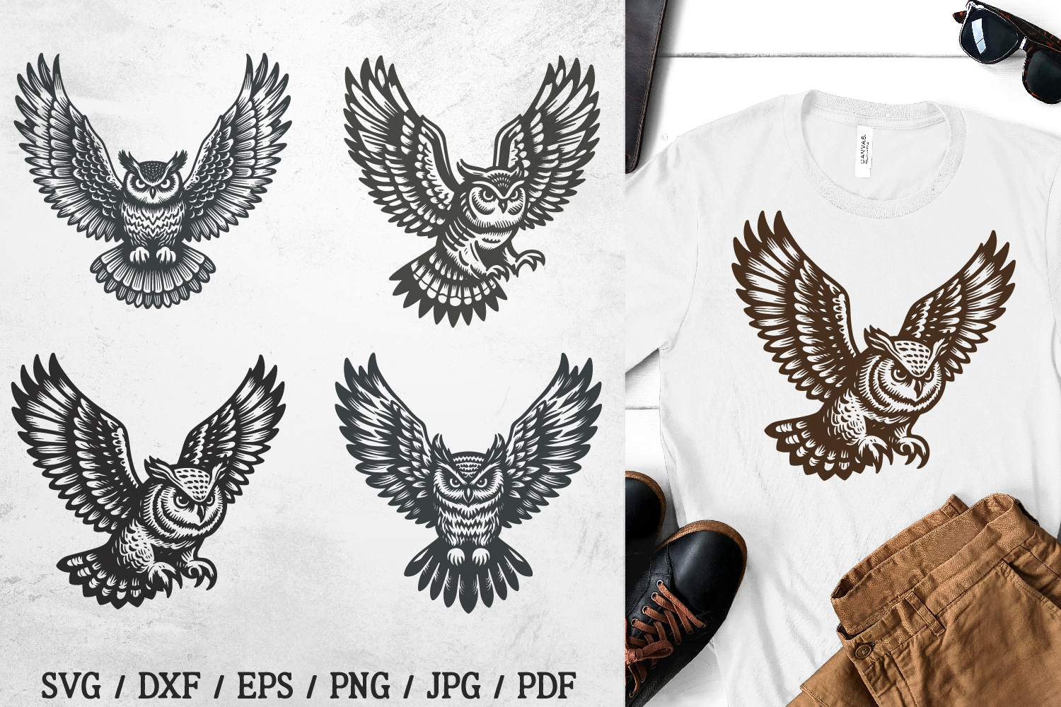 Flying owl SVG set—collection of five vintage style owls in flight for woodland shirts, posters, tattoos.