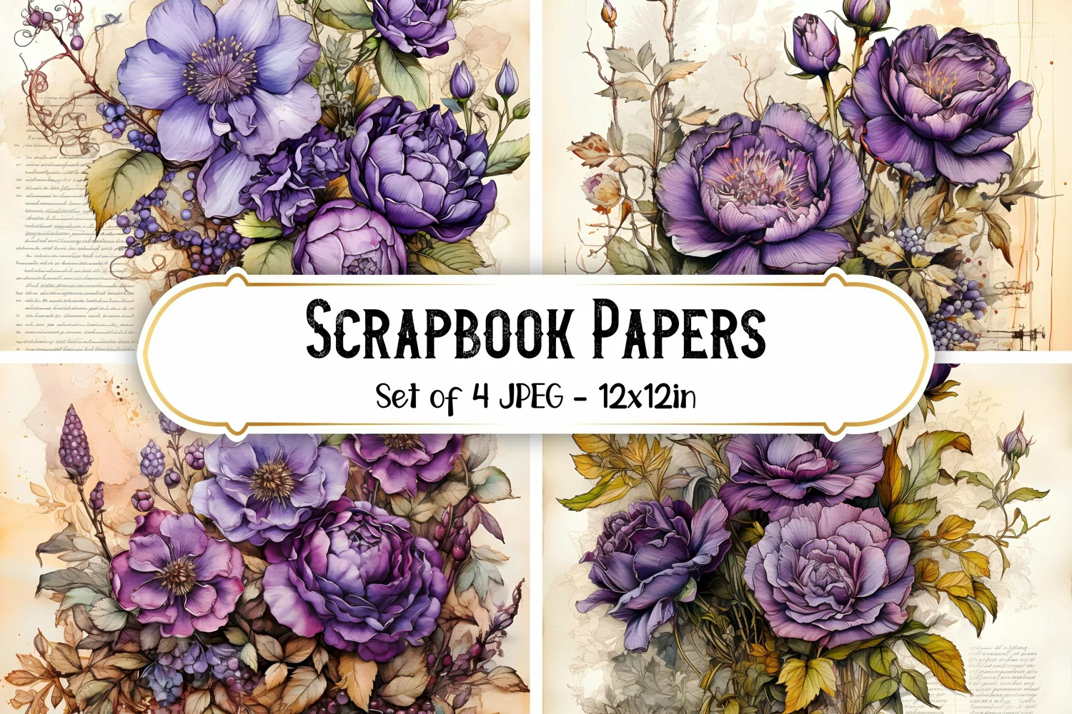 4 Purple Vintage Rose Paper Backgrounds Scrapbook papers