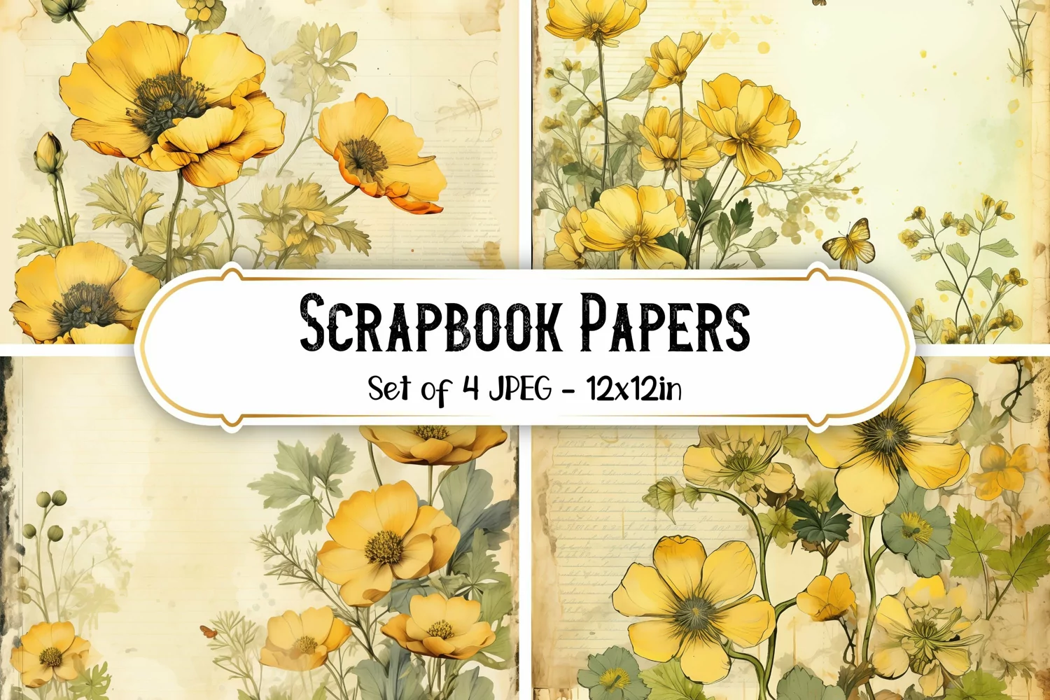 4 Vintage Buttercup Flower Scrapbook Paper Backgrounds