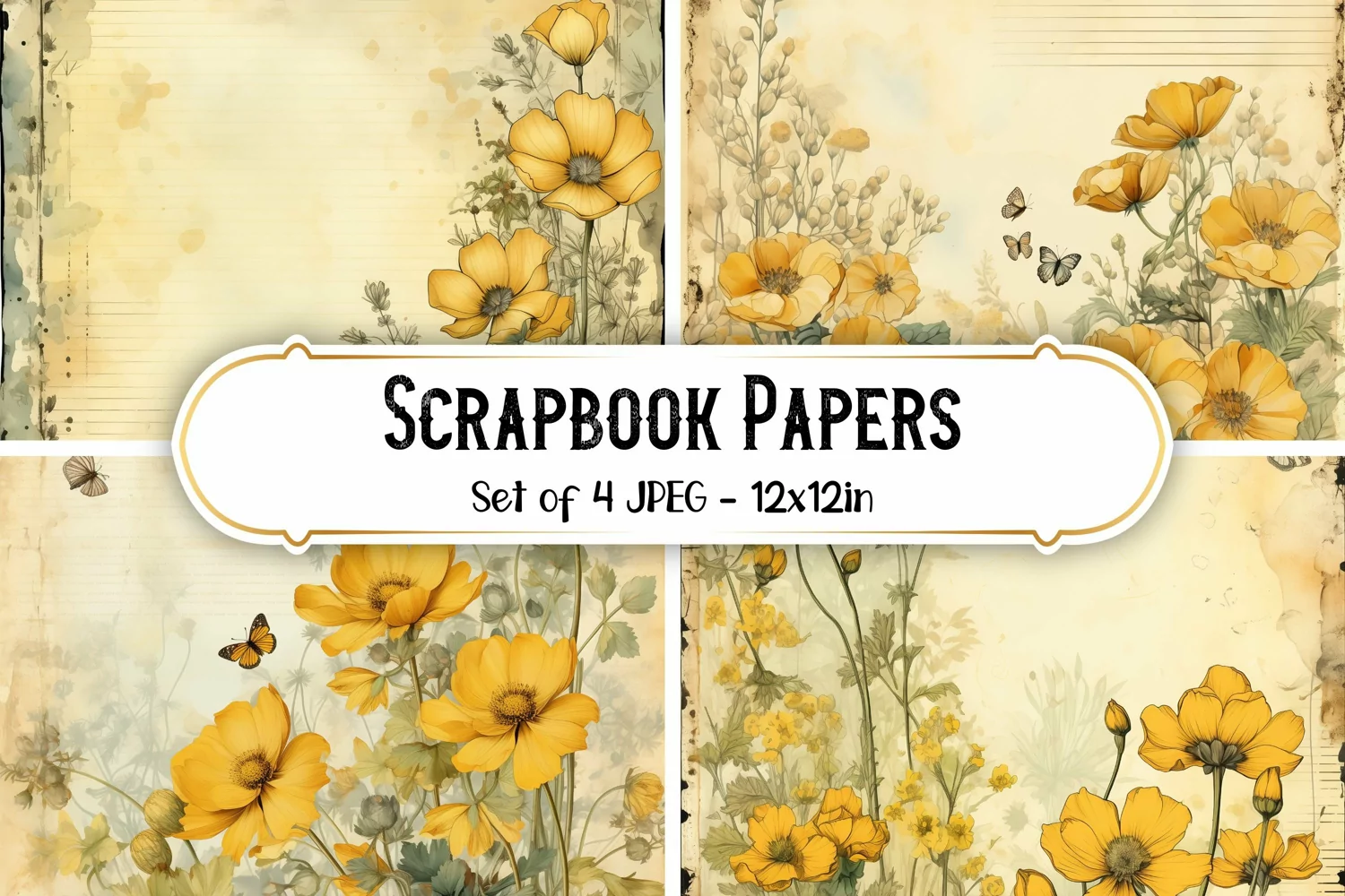 4 Vintage Buttercup Flower Scrapbook Paper Backgrounds