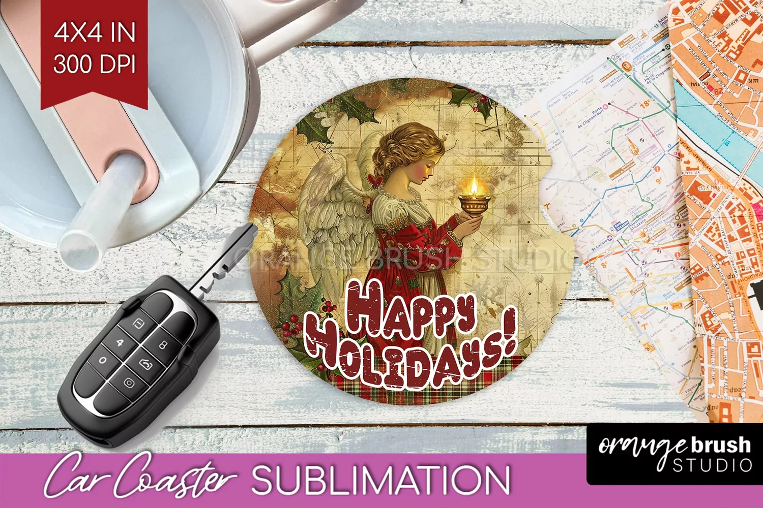 Vintage Christmas Car Coaster PNG - Xmas Coaster Sublimatoin product image 1