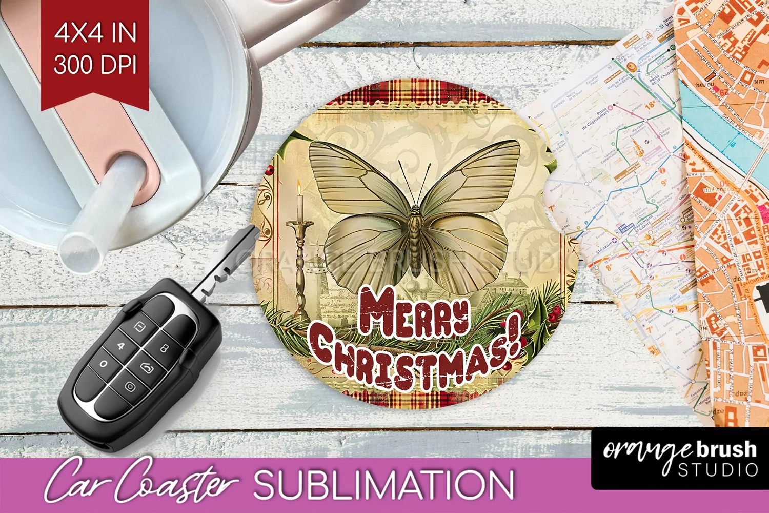 Vintage Christmas Car Coaster PNG - Xmas Coaster Sublimatoin product image 1