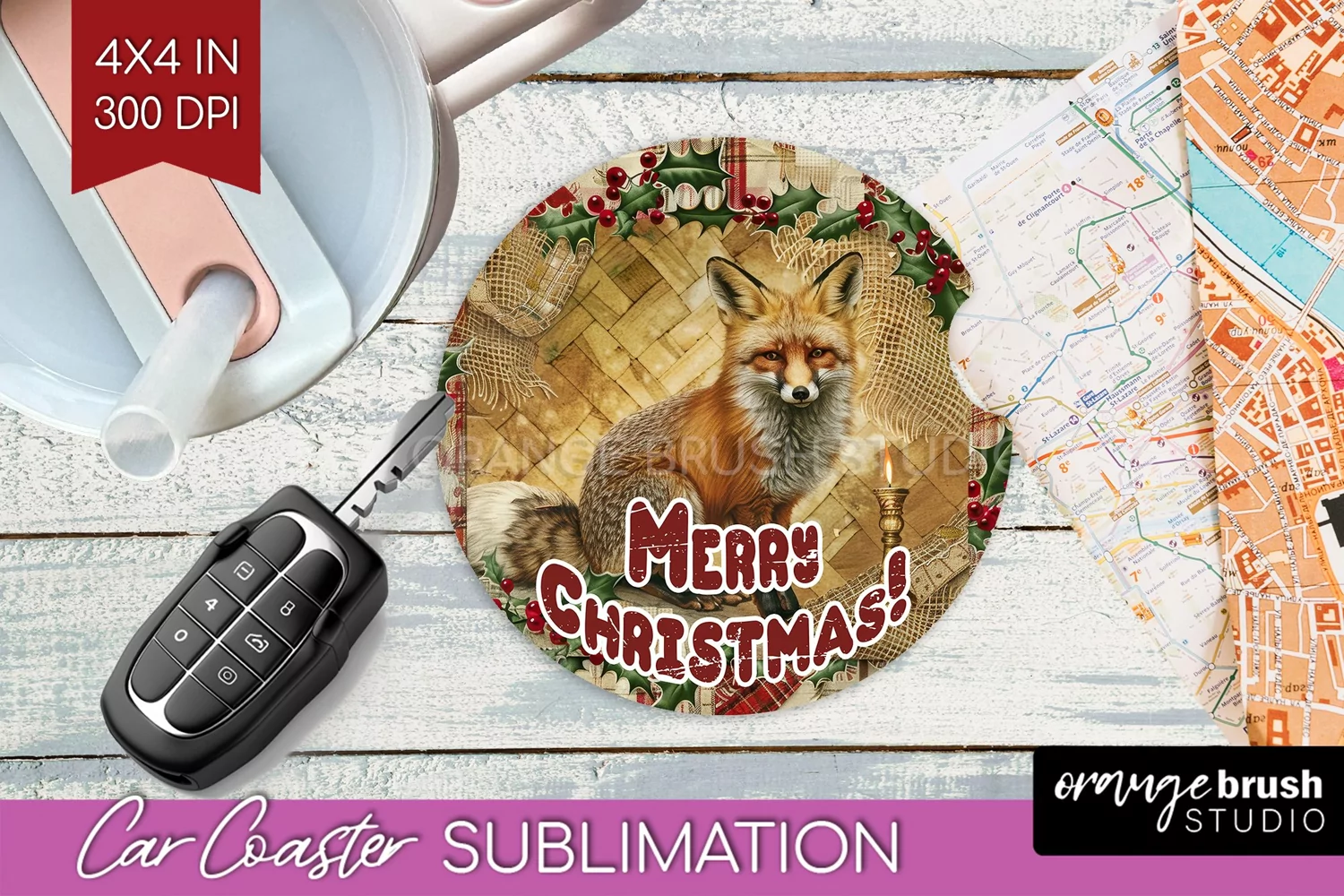 Vintage Christmas Car Coaster PNG - Xmas Coaster Sublimatoin product image 1