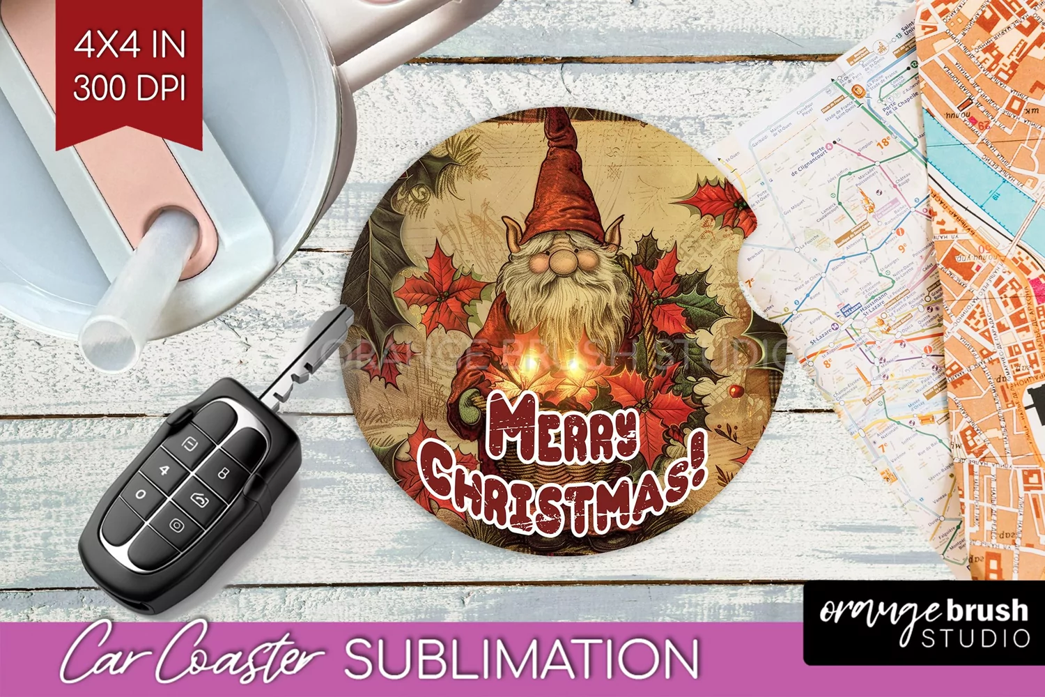 Vintage Christmas Car Coaster PNG - Xmas Coaster Sublimatoin product image 1