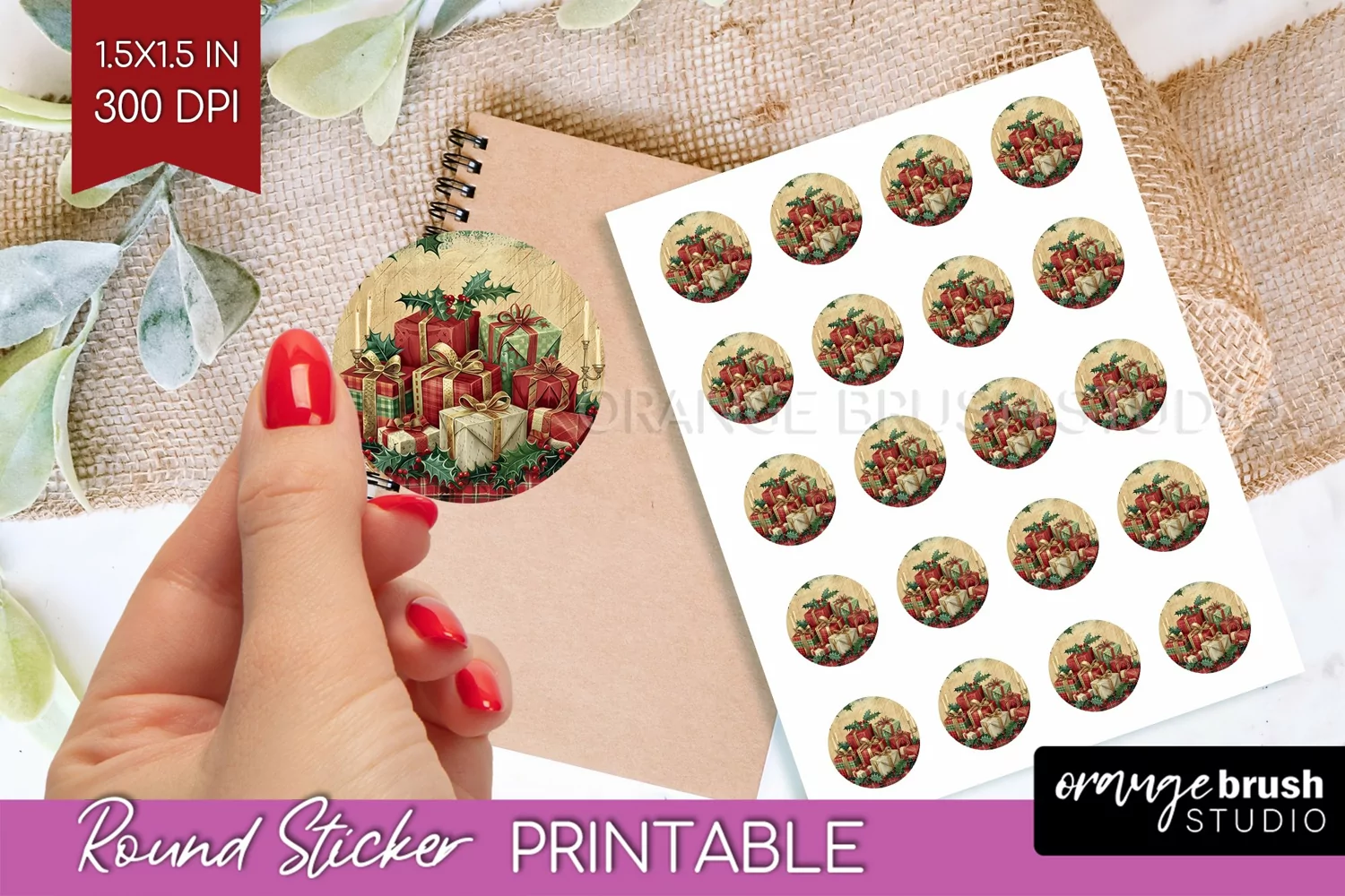 Vintage Christmas Round Sticker - Retro Printable Stickers product image 1