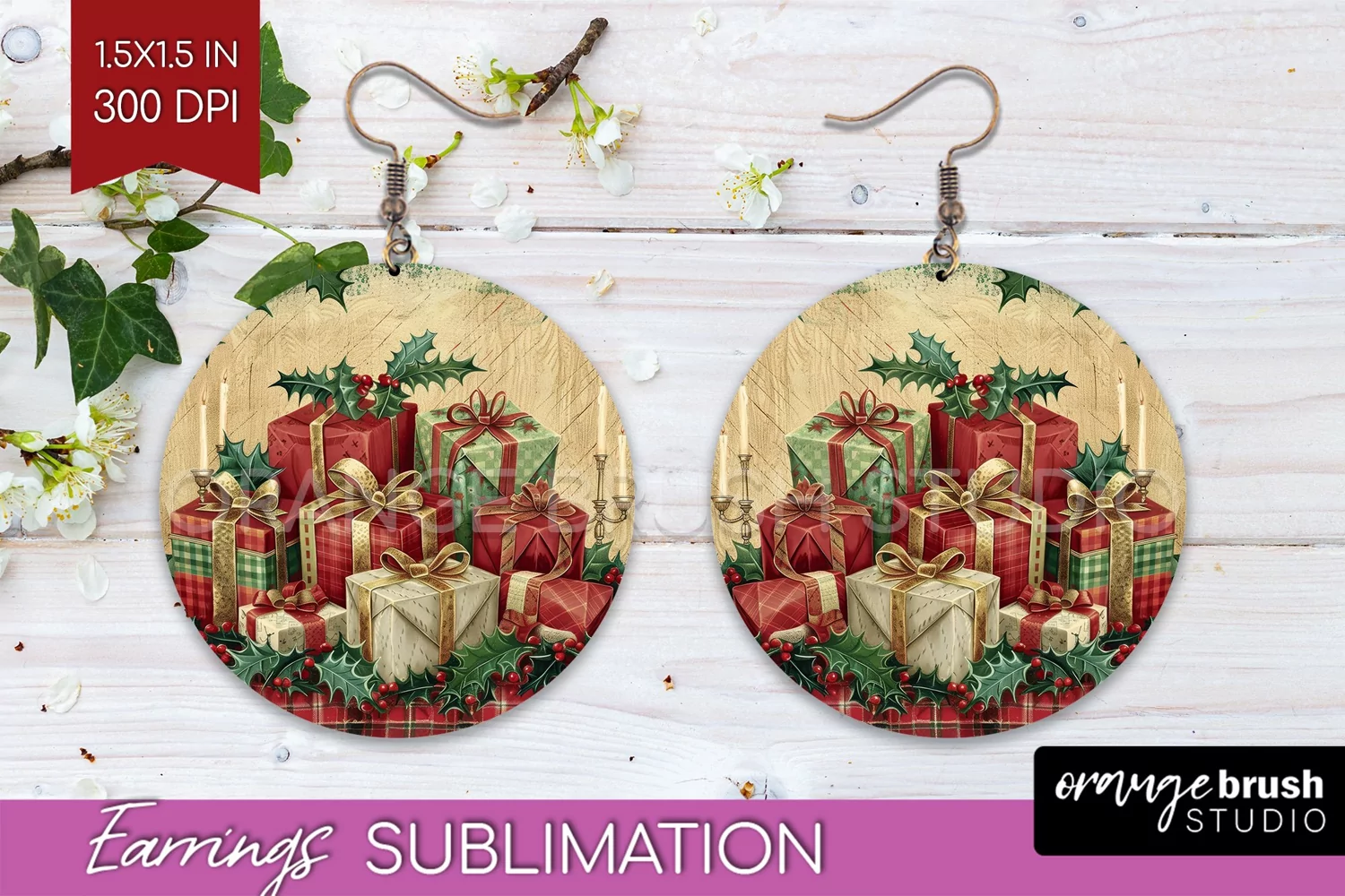 Vintage Christmas Round Earrings - Retro Xmas Sublimation product image 1