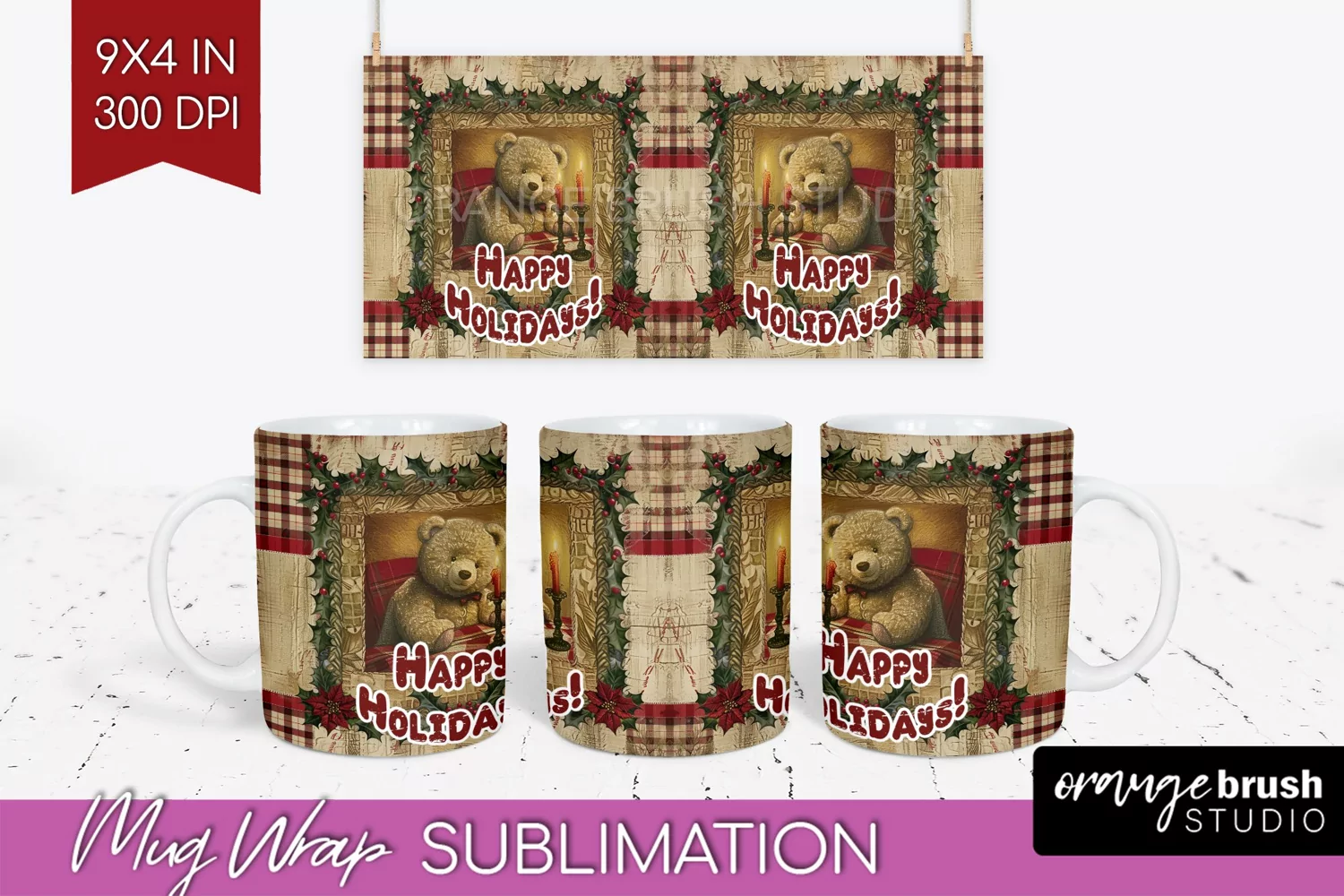 Vintage Christmas Mug Wrap - Retro Xmas 15Oz Mug Sublimation product image 1