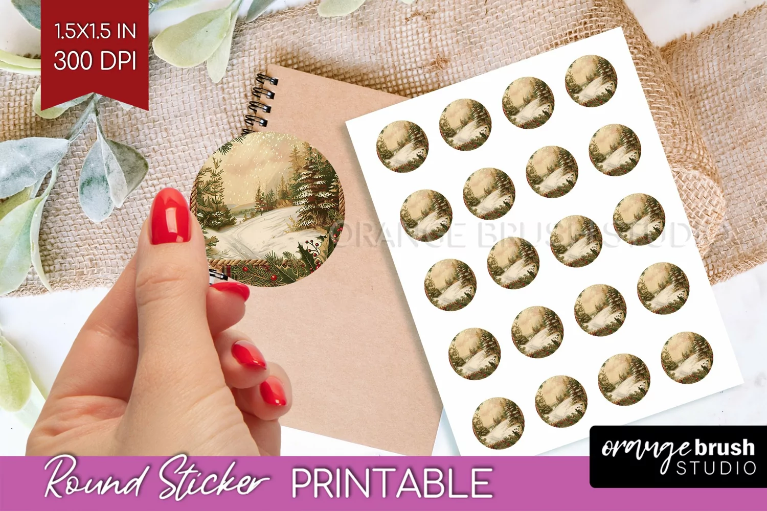 Vintage Christmas Round Sticker - Retro Printable Stickers product image 1
