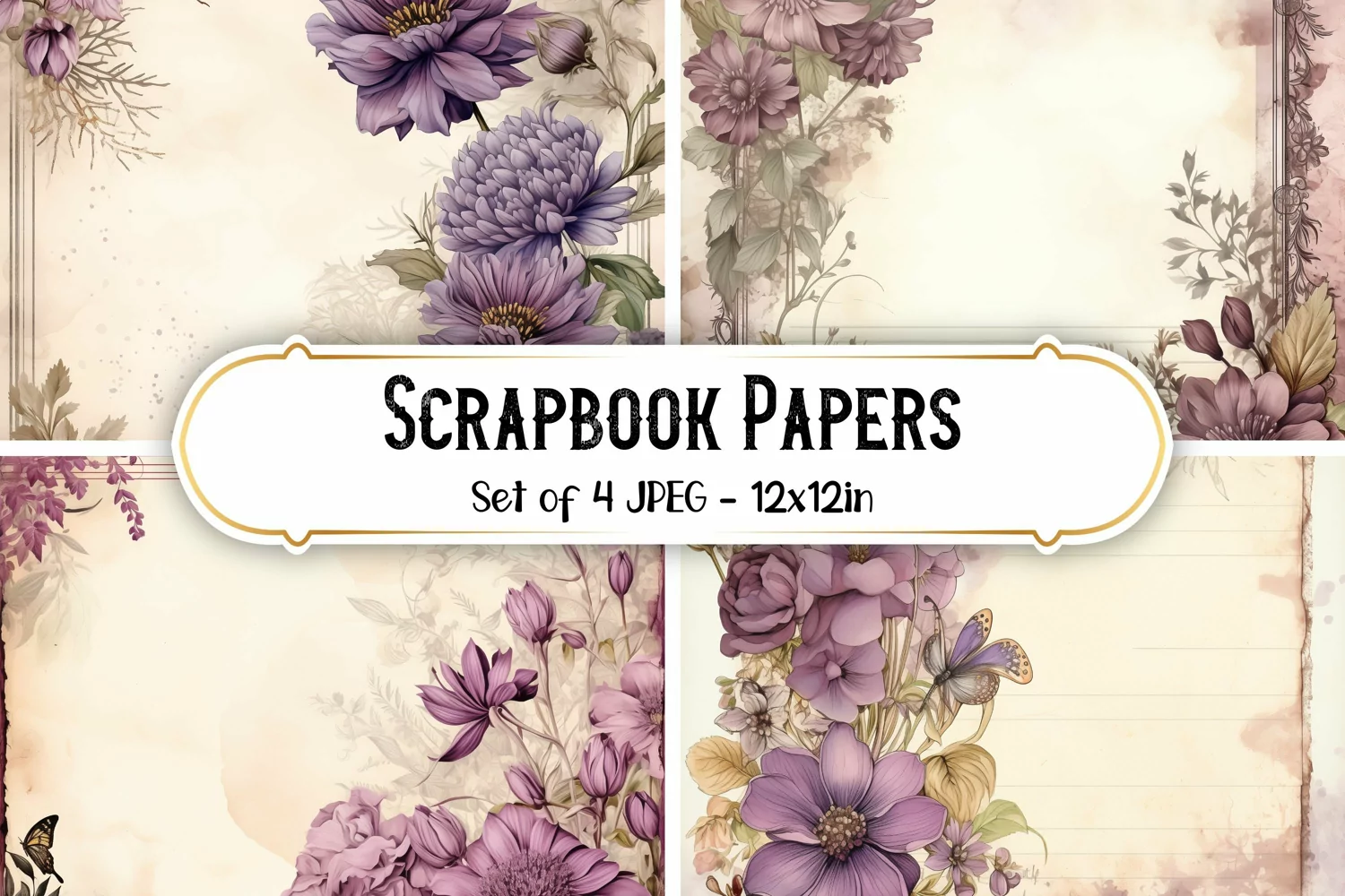 4 Vintage Mauve Flower Scrapbook Paper Backgrounds