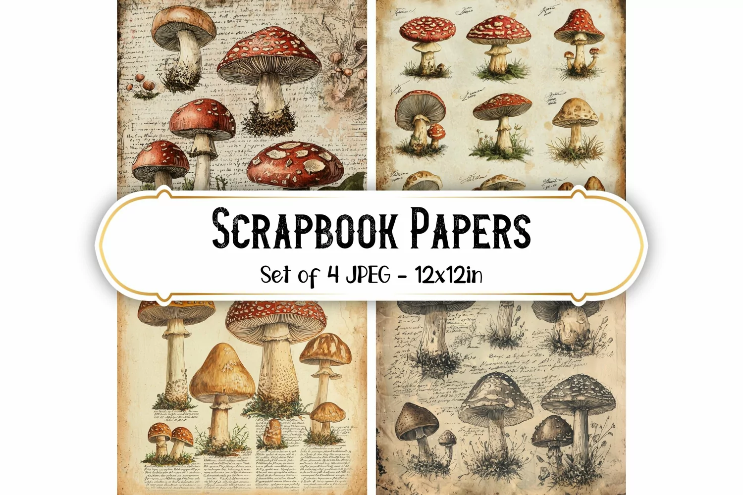 4 Vintage Mushroom Backgrounds Scrapbook papers