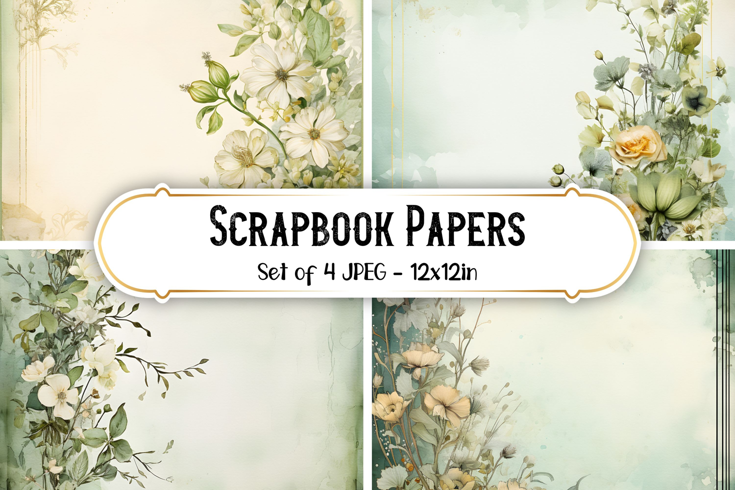 4 Vintage Sage Green Flower Scrapbook Paper Backgrounds