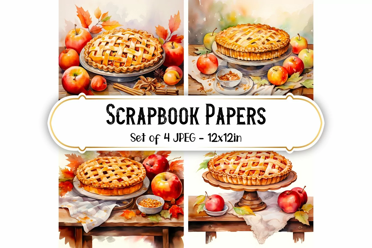 4 Watercolor Apple Pie Backgrounds Scrapbook papers