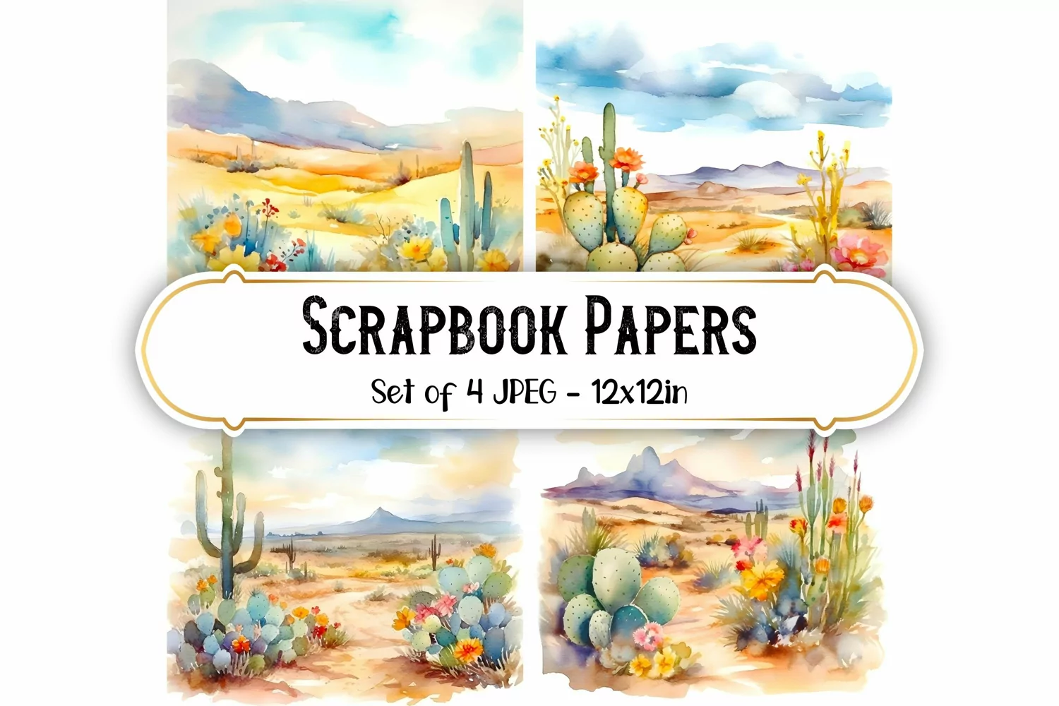 4 Watercolor Desert Scene Backgrounds Scrapbook papers