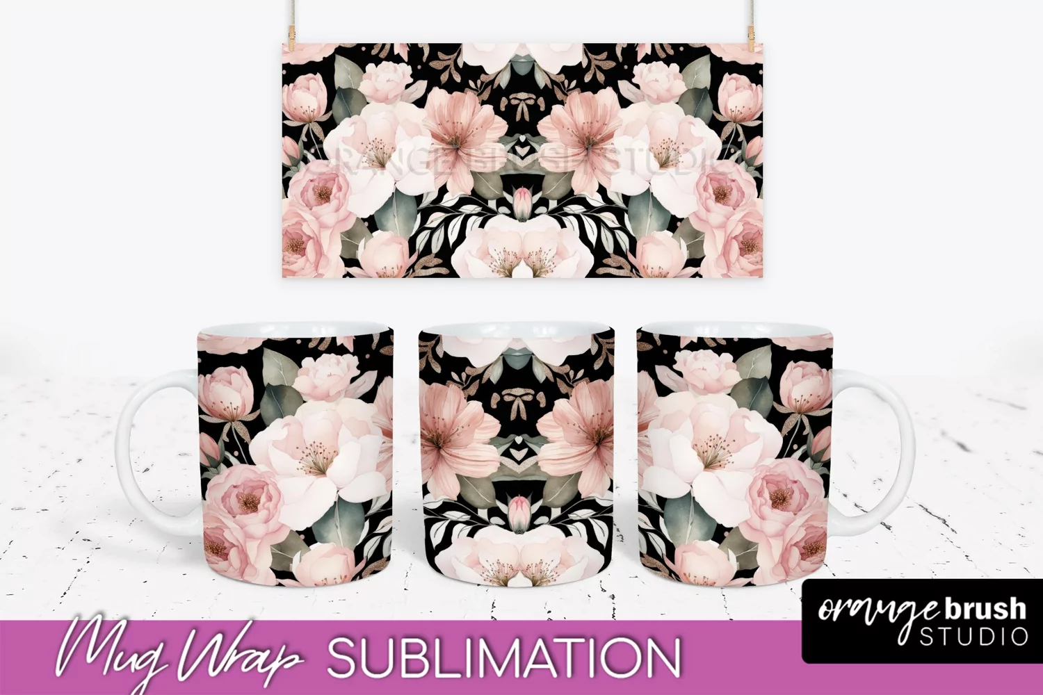 Pink Watercolor Flowers Mug Wrap - Floral Mug Sublimation product image 1