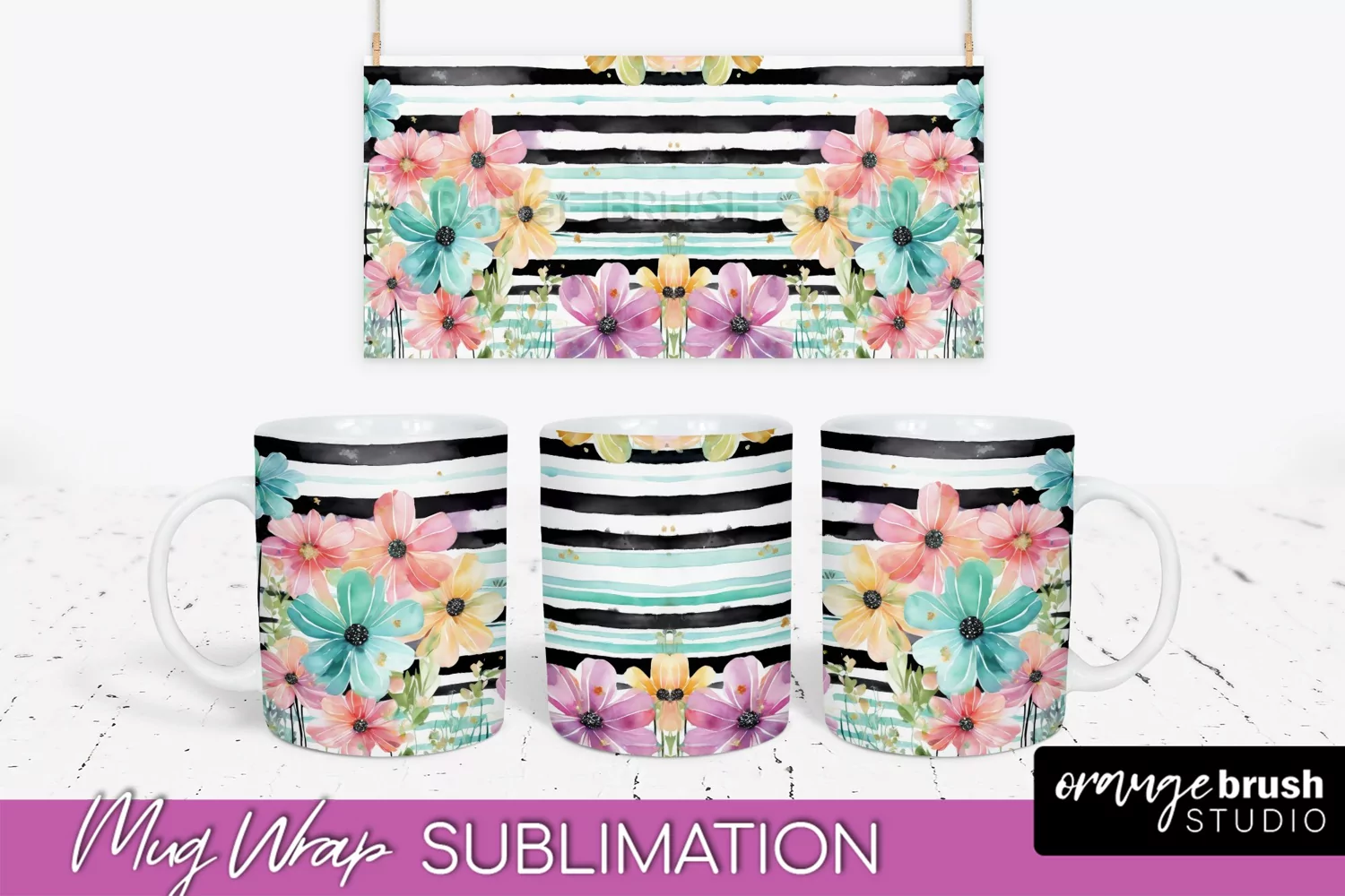 Pink Watercolor Flowers Mug Wrap - Floral Mug Sublimation product image 1
