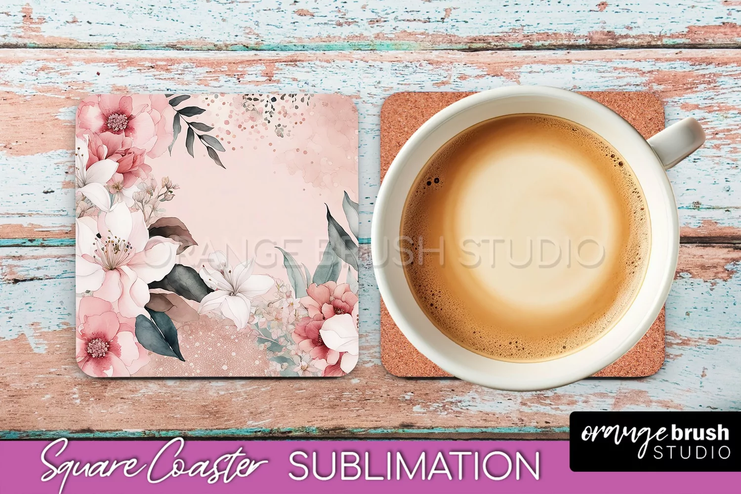 Watercolor Flowers Square Coaster - Floral Pink Sublimation product image 1