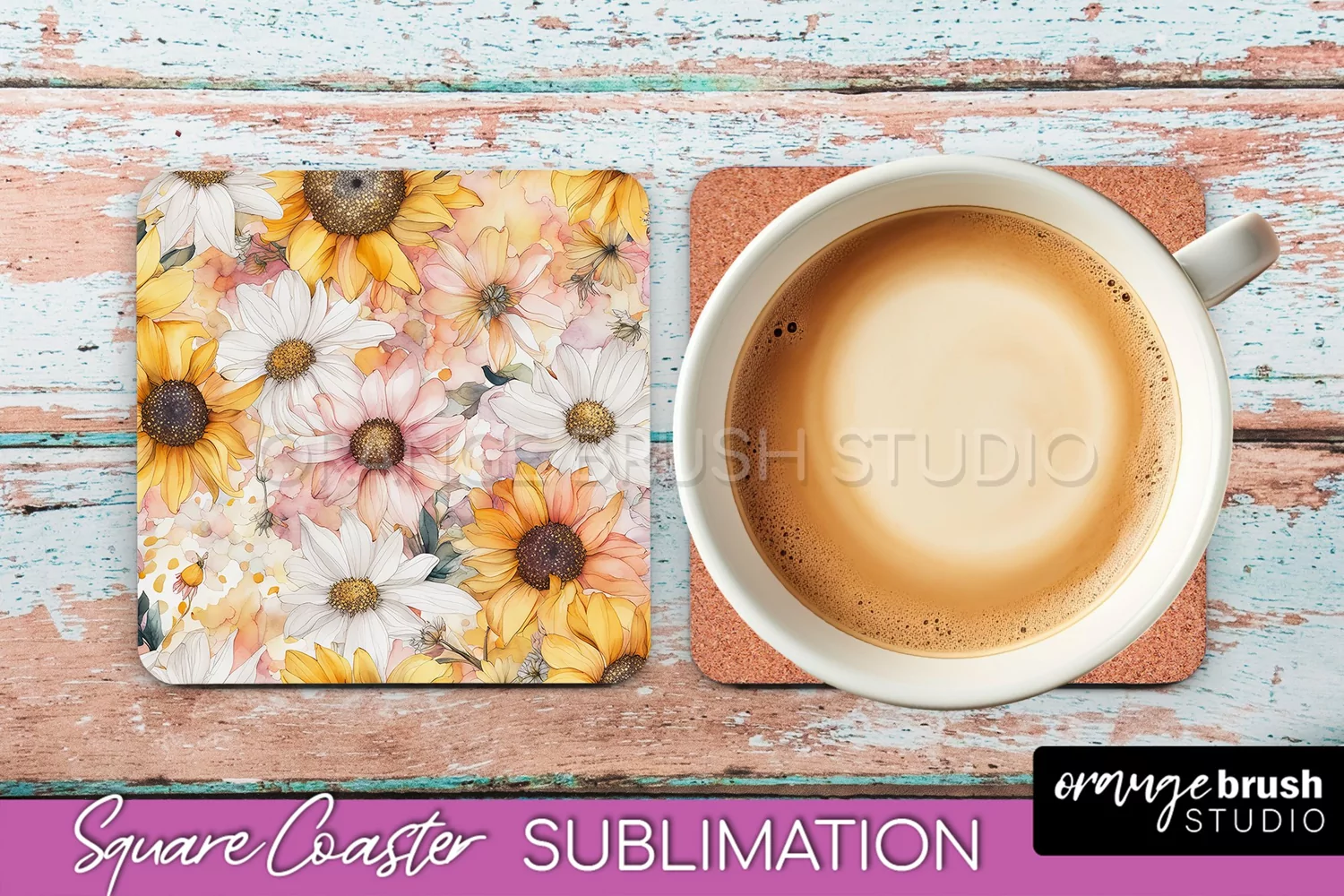 Watercolor Flowers Square Coaster - Floral Pink Sublimation product image 1