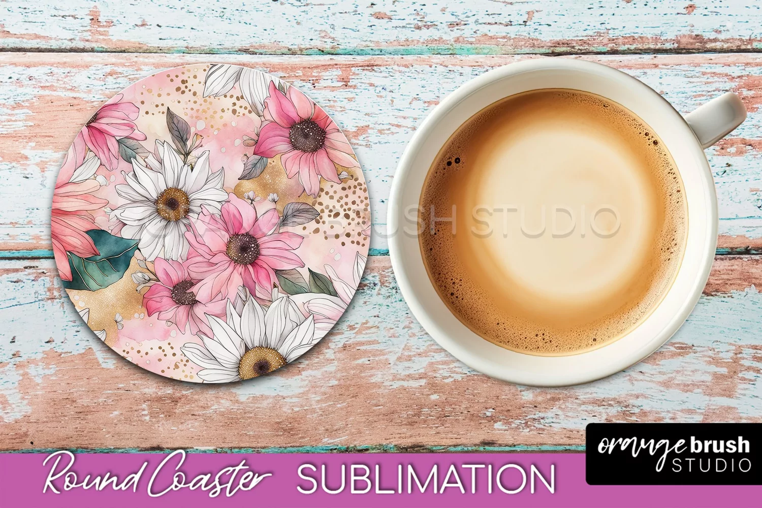 Watercolor Flowers Round Coaster - Floral Pink Sublimation product image 1