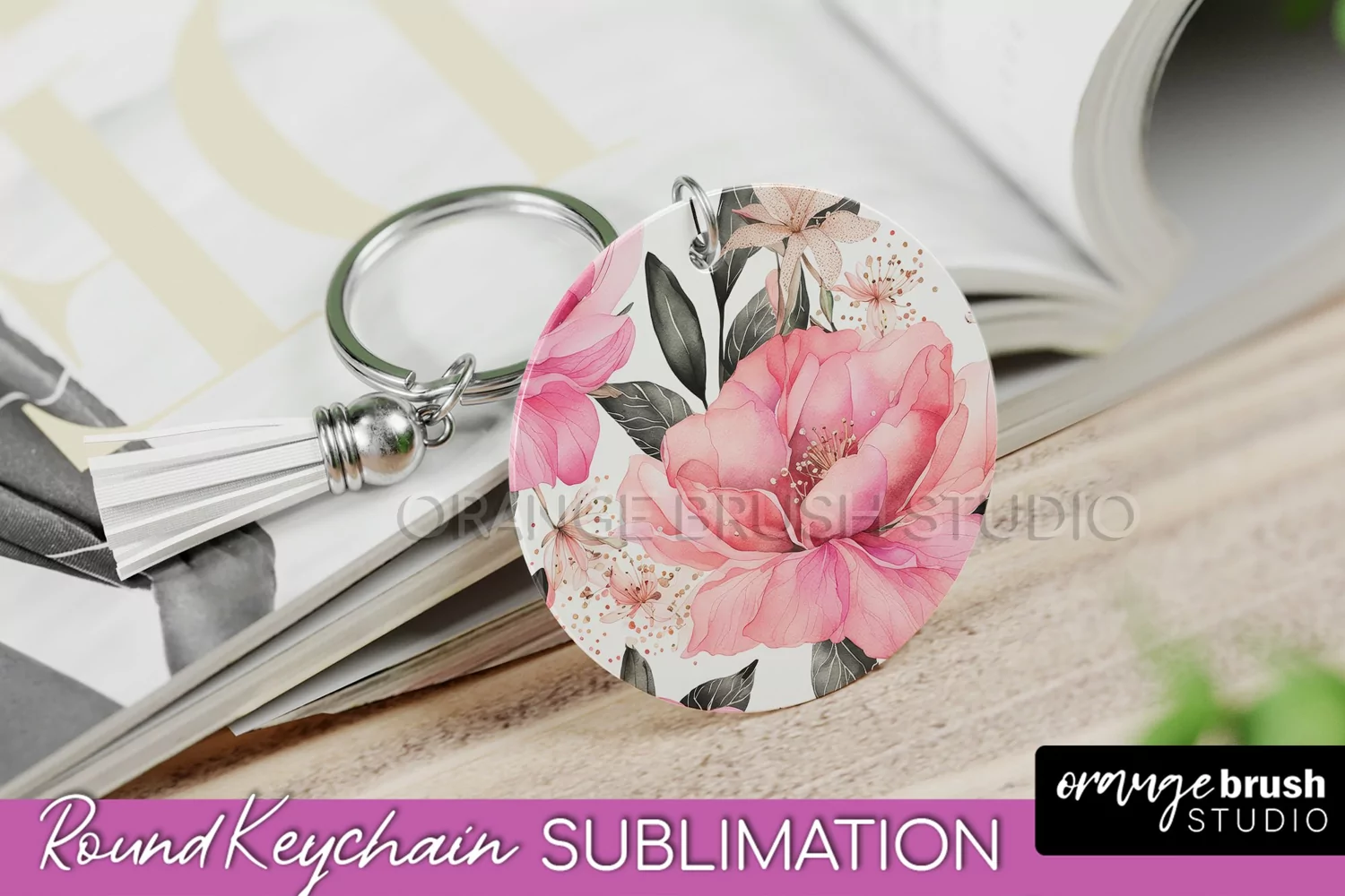 Pink Flowers Keychain, Floral Keychain Sublimation Design product image 1