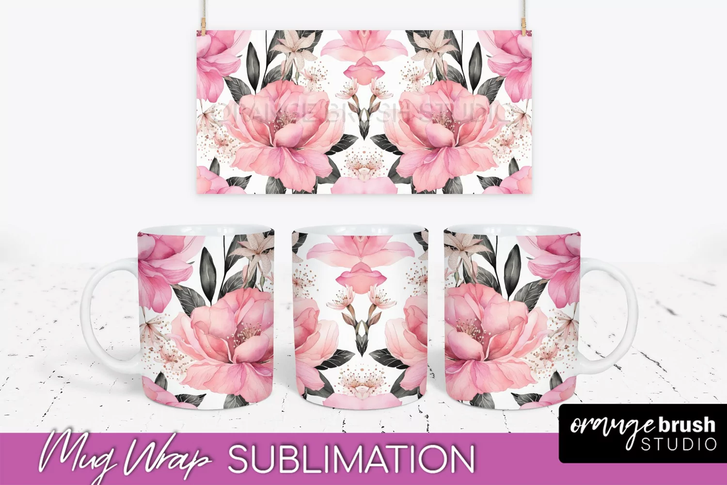 Pink Watercolor Flowers Mug Wrap - Floral Mug Sublimation product image 1