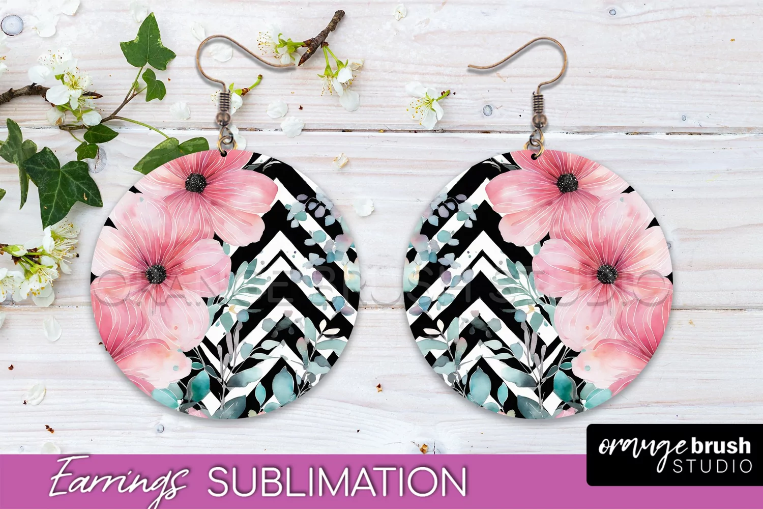 Watercolor Flowers Earrings, Pink Floral Earring Sublimation product image 1
