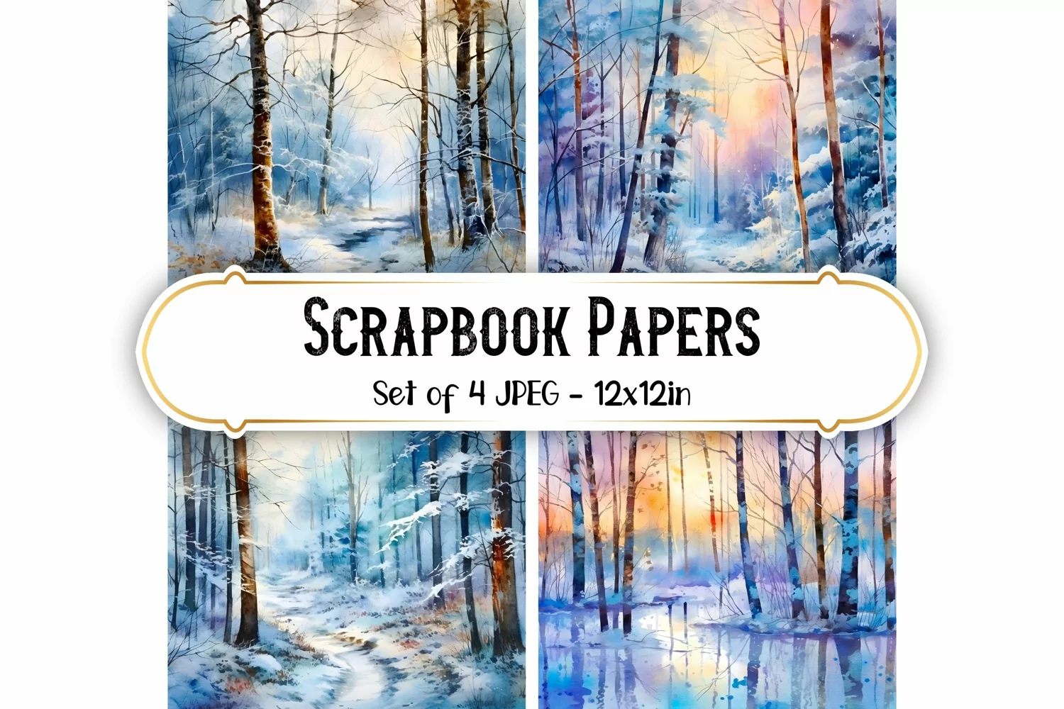 4 Watercolor Winter Forest Backgrounds Scrapbook papers