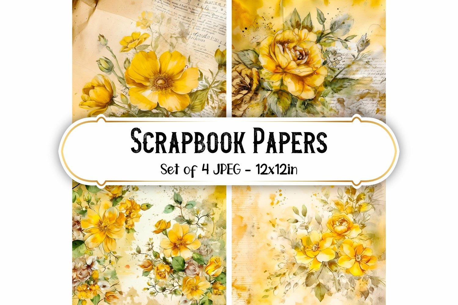 4 Yellow Vintage Rose Paper Backgrounds Scrapbook papers
