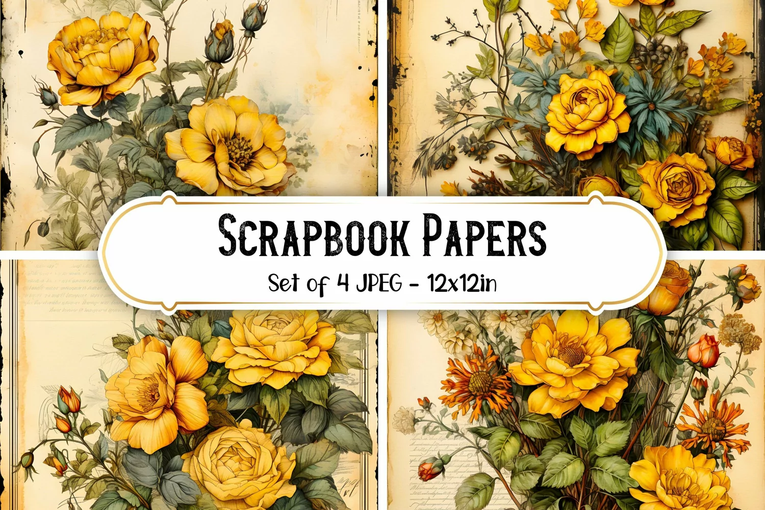 4 Yellow Vintage Rose Paper Backgrounds Scrapbook papers