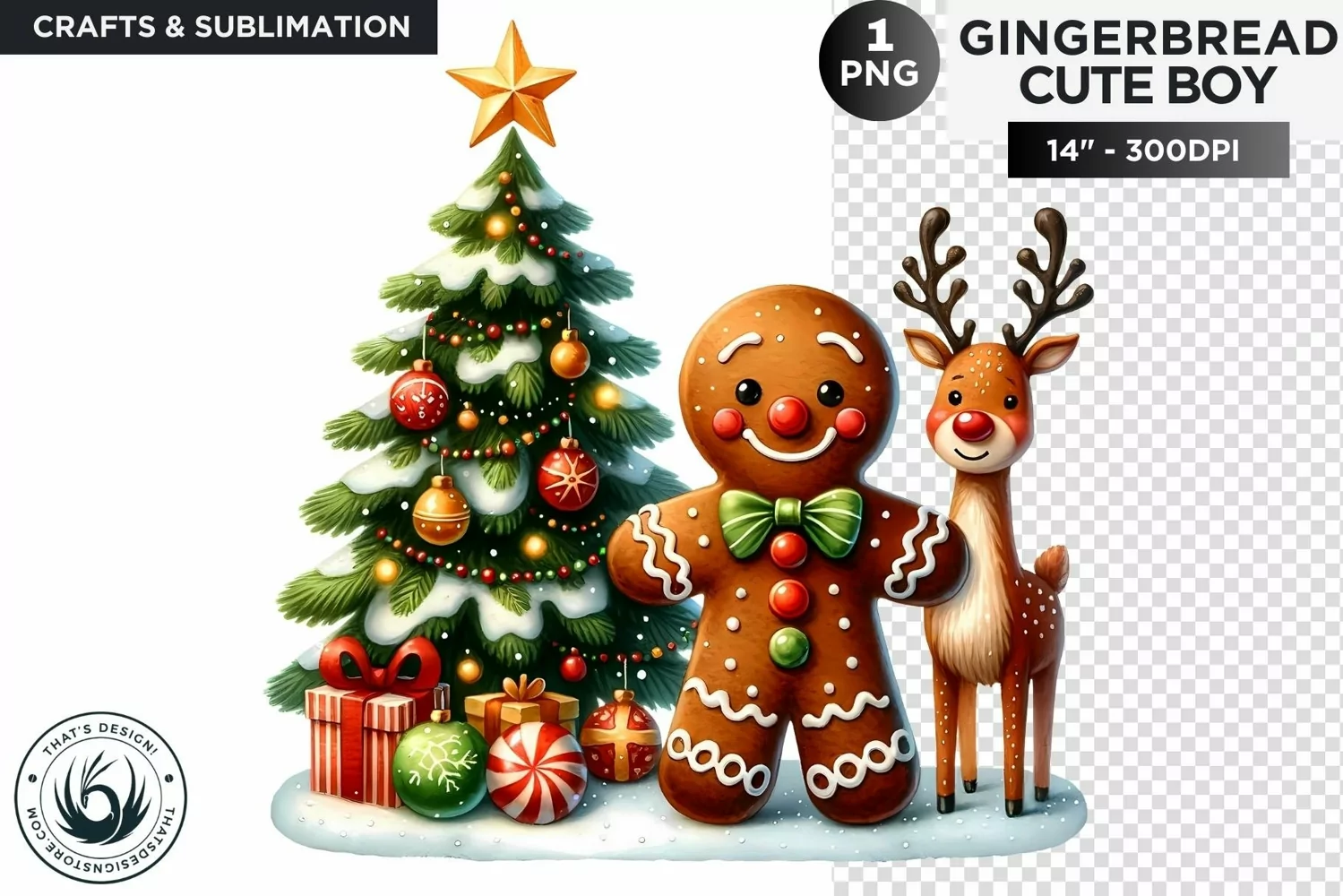 Gingerbread man with reindeer and christmas tree png clipart product image 1