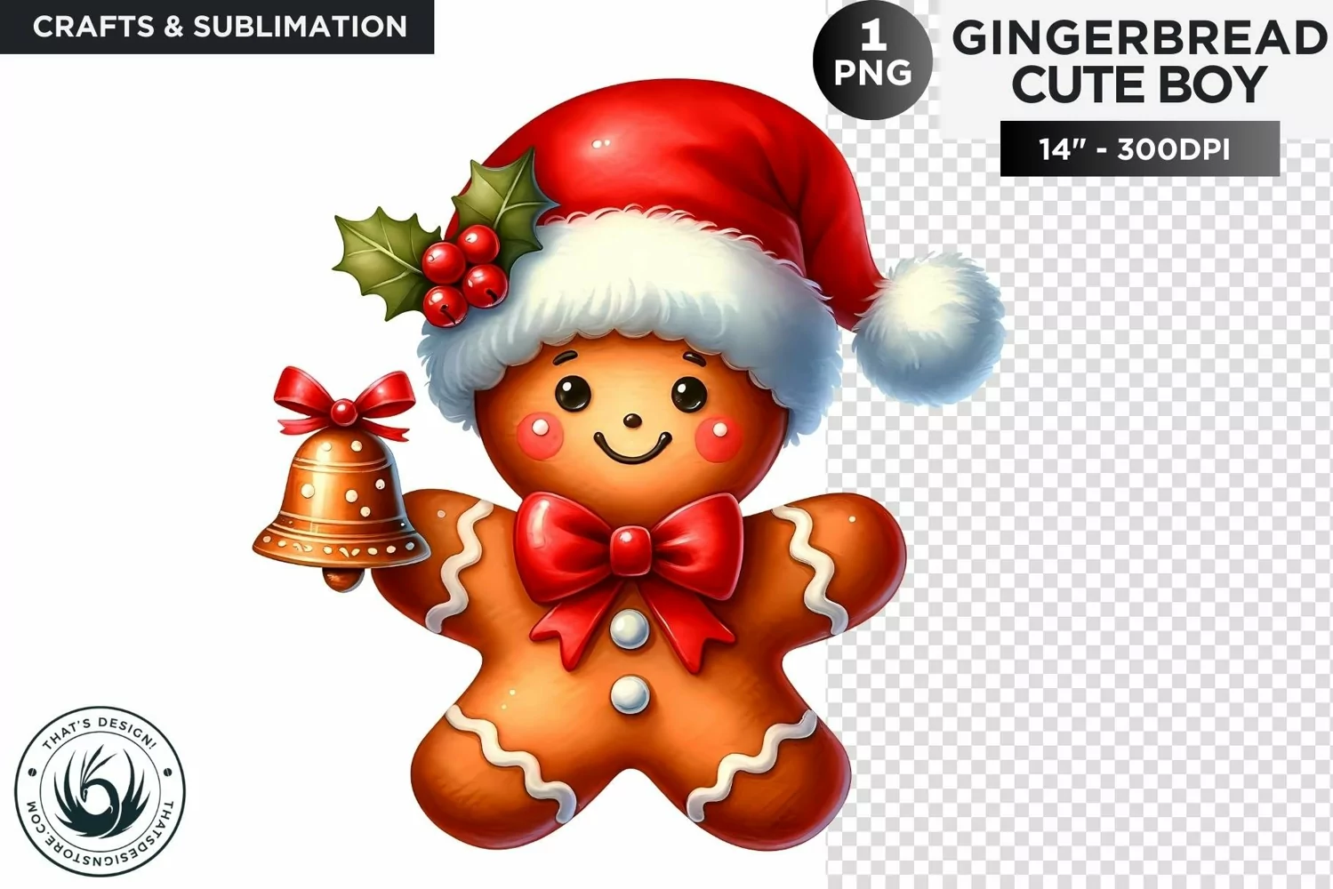 Gingerbread man with santa hat & Christmas bell png clipart product image 1